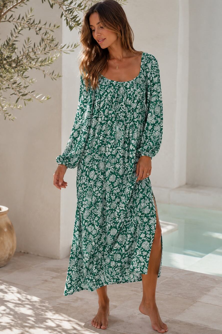 Mikoh Brava Boxy Oversized Slouchy Cotton Maxi Dress Green Floral Womens Small